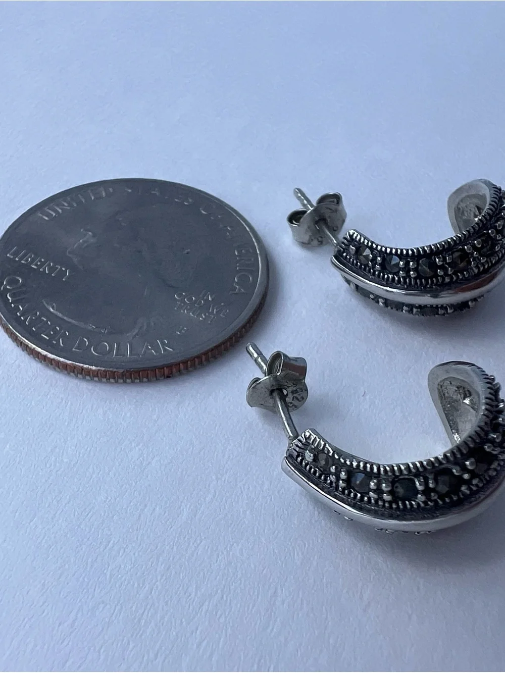 liberty Silver and Black Marcasite Dome Hoop Earrings